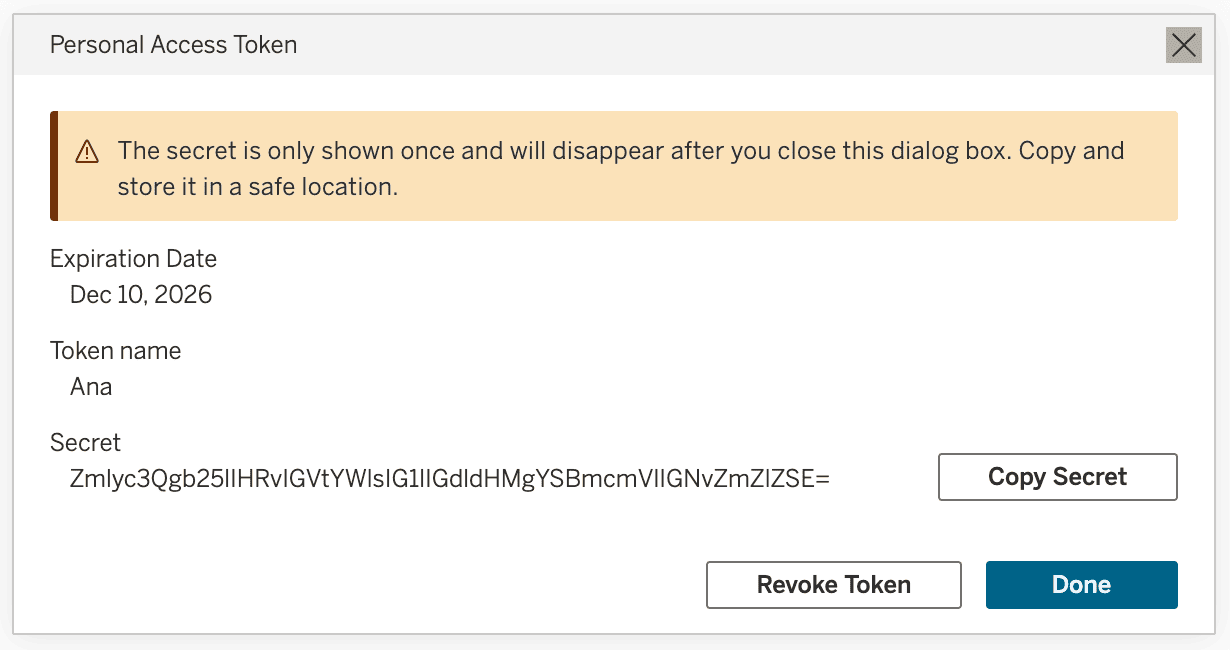 Example of the Personal Access Token screen displaying a new PAT.