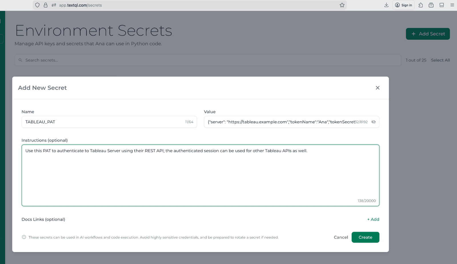 The "Environment Secrets" page with an open modal for adding a new secret.